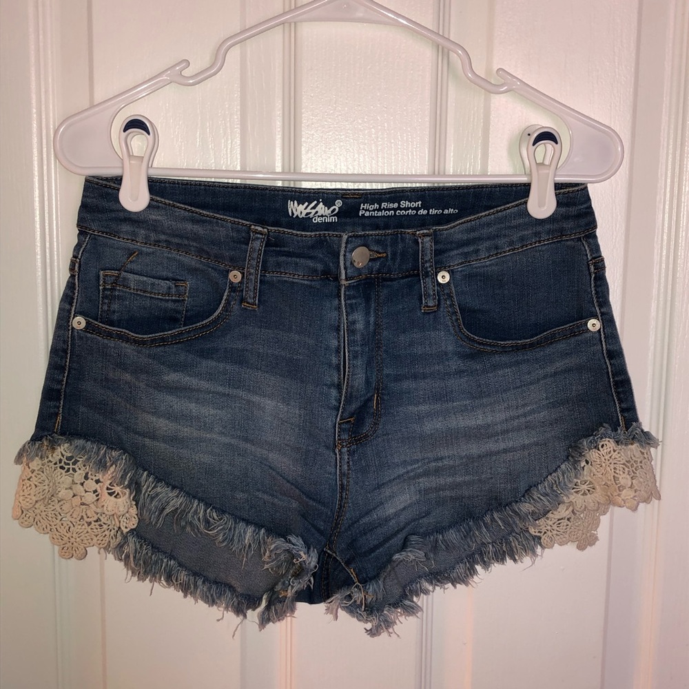 Denim crochet lace cutoff shorts